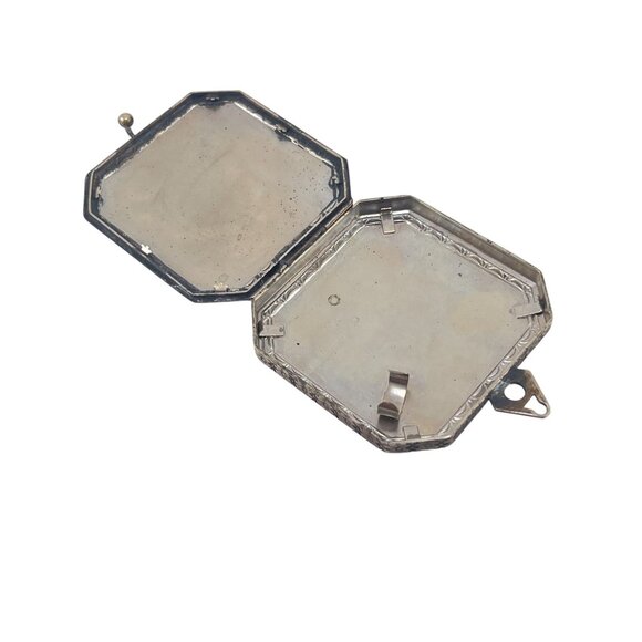 Antique Deco Silver-Plated Double-Sided Square Powder Lipstick Compact Locket - Picture 10 of 11
